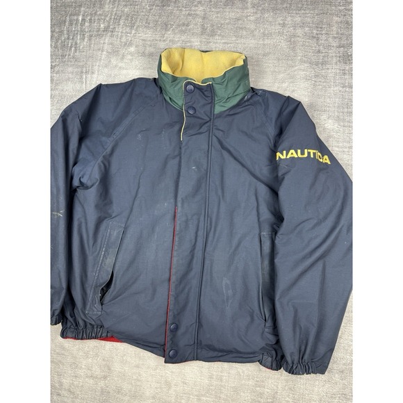 Vtg NAUTICA Jacket Men's XL Blue Full Zip Fleece Sailing‎ Striped Reversible 90s - Picture 14 of 16